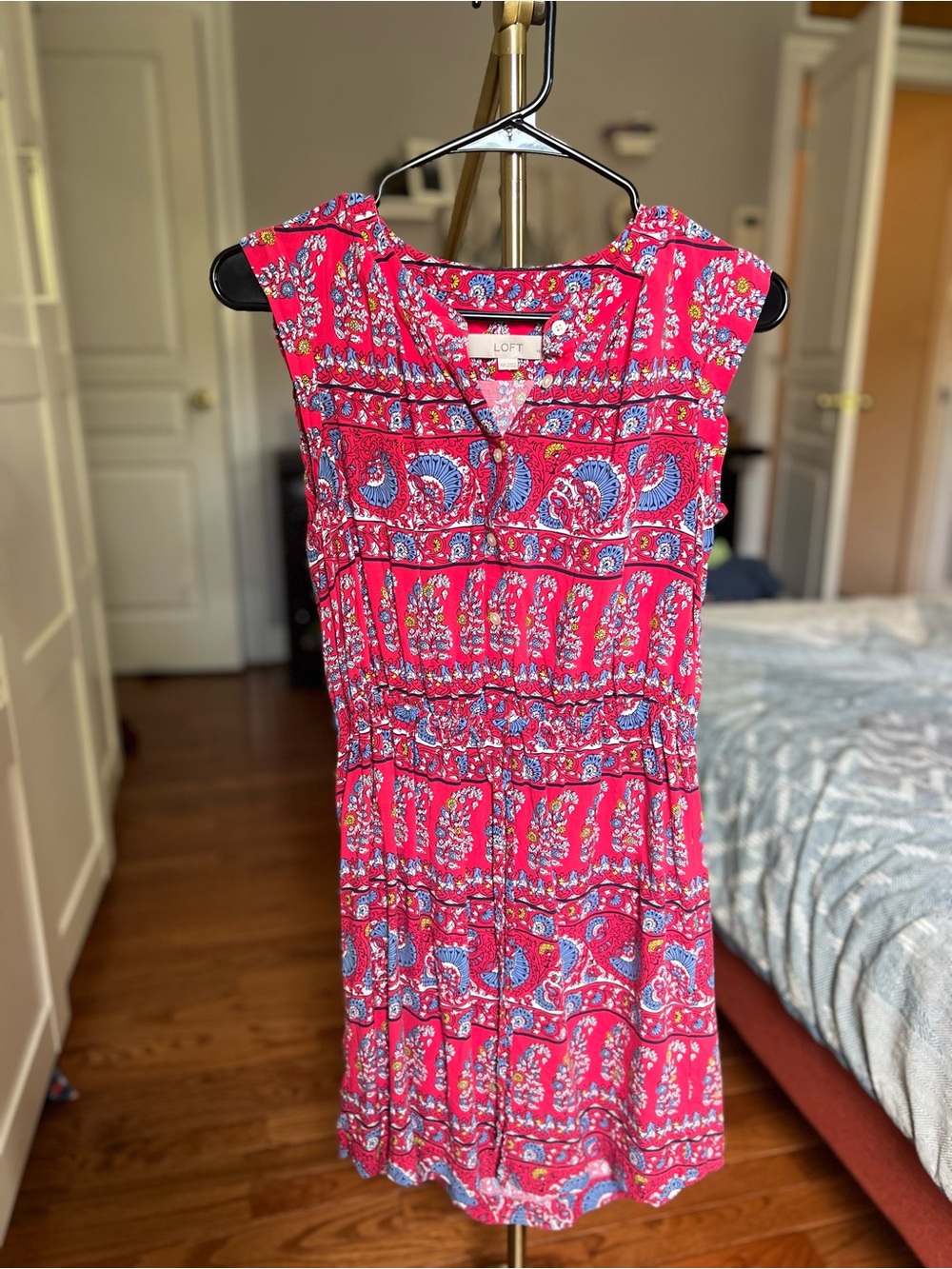 LOFT Hot Pink Paisley Cap-Sleeve Drawstring Mini Dress